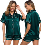SWOMOG Womens Silk Satin Pajamas Set Short Sleeve Sleepwear Button Down Top and Shorts Loungewear 2 Piece Pjs Set XS-3XL