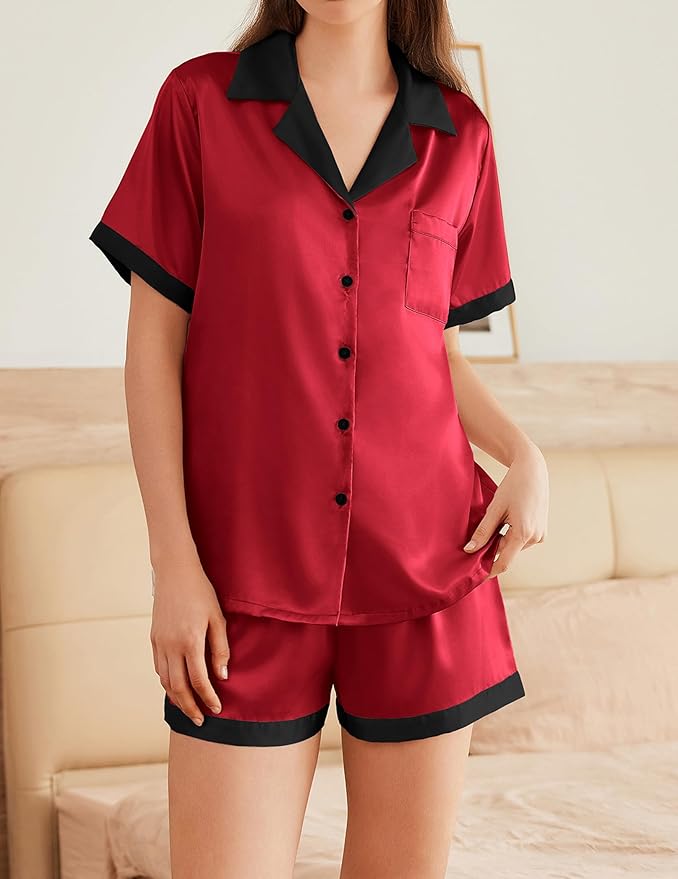 Ekouaer Womens Silk Satin Pajama Set Short Sleeve PJs 2 Piece Button Down Top and Shorts Notch Collar Sleepwear Sets Soft Pjs