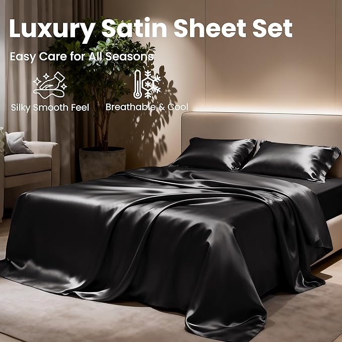 Love's cabin Satin Queen Sheets Set - 4 Piece Black Silky Bed Sheets Set with Deep Pocket, Luxury Silk Feel Satin Queen Size Sheet Set (1 Flat Sheet,1 Fitted Sheet,2 Pillow Cases)