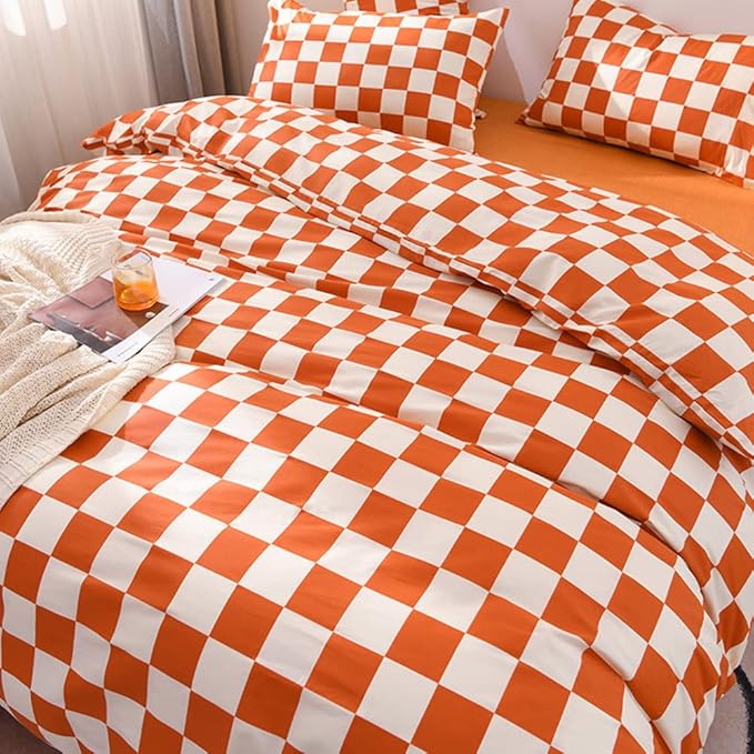 CLOTHKNOW Orange Plaid Queen Comforter Set 3Pcs Grid Bedding Comforter Sets Soft Checker Queen Comforter Burnt Orange Queen Size Comforter Sets