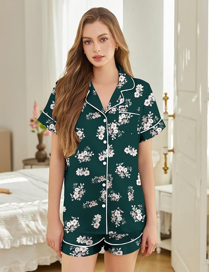 Silk Pajamas for Women Short Sleeve Sleepwear Soft Button Down Loungewear 2 Piece Satin Pjs Shorts Set S-XXL