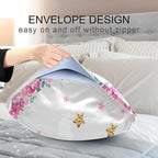 Cute Unicorn Girl Print Satin Pillowcase for Hair and Skin, Unicorn and Pink Flowers Silk Pillow Case with Envelope Closure, Queen Size 20x30 inches, White, 1 PC