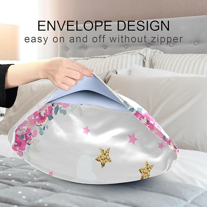Cute Unicorn Girl Print Satin Pillowcase for Hair and Skin, Unicorn and Pink Flowers Silk Pillow Case with Envelope Closure, Queen Size 20x30 inches, White, 1 PC