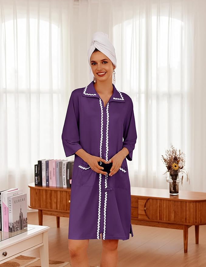 Ekouaer Women Zipper Robe Lightweight House Coat Zipper Front Short Bathrobes Soft Nightgown with Pockets S-3XL