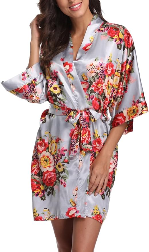 Women's Floral Satin Robes Bride Bridesmaid Getting Ready Robe Short Silky Kimono Sleepwear for Wedding Party