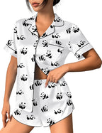 Ekouaer Womens Silk Satin Pajama Set Print Short Sleeve Sleepwear Button Down Pjs Shorts Set Loungewear