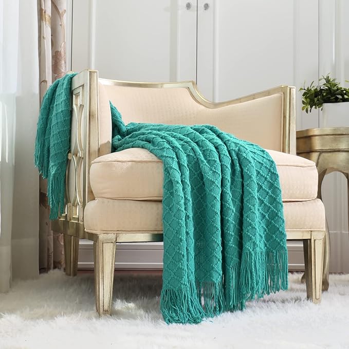 CREVENT Boho Crochet Throw Blanket for Couch Sofa Chair Bed Decoration, Gift Idea for Girlfriend Mom Birthday, Soft Warm Cozy Light Weight for Spring Summer (50''X60'' Aqua Blue/Teal)