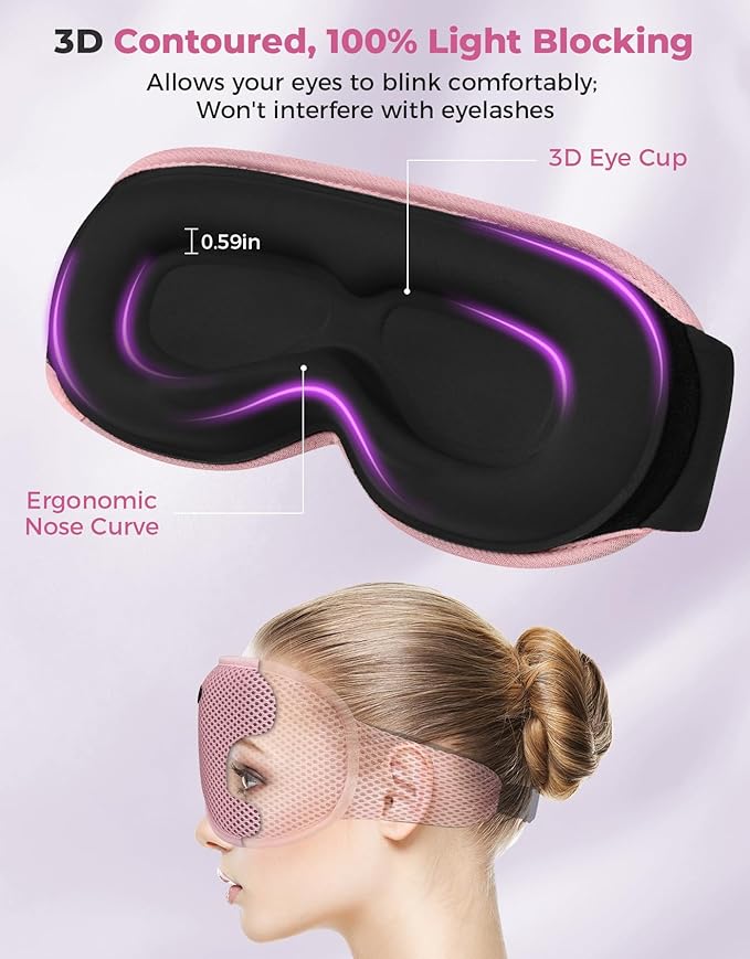 Sleep Mask with Bluetooth Headphones, Removable 3D Contoured Cup, Wireless Eye Mask for Sleep, Sleeping Headphones with Thin Stereo Speakers for Men, Women, Travel, Relaxation - Pink