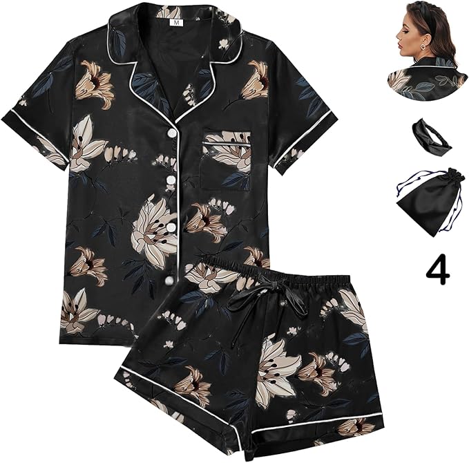 WJing Yi Jia 4Pcs Womens Satin Silky Pajama Sets Short Sleeve Shirt XS-4XL Floral Pajamas Set Soft PJ Loungewear Sleepwear