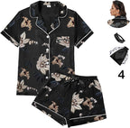 WJing Yi Jia 4Pcs Womens Satin Silky Pajama Sets Short Sleeve Shirt XS-4XL Floral Pajamas Set Soft PJ Loungewear Sleepwear
