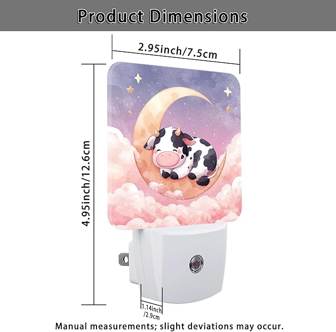 Cow Night Lights Plug Into Wall, Cute Fanciful Moon Clouds Summer Peach Automatic Plug in Night Lights with Sensor for Living Room Family Room Bedroom Decor 2pcs