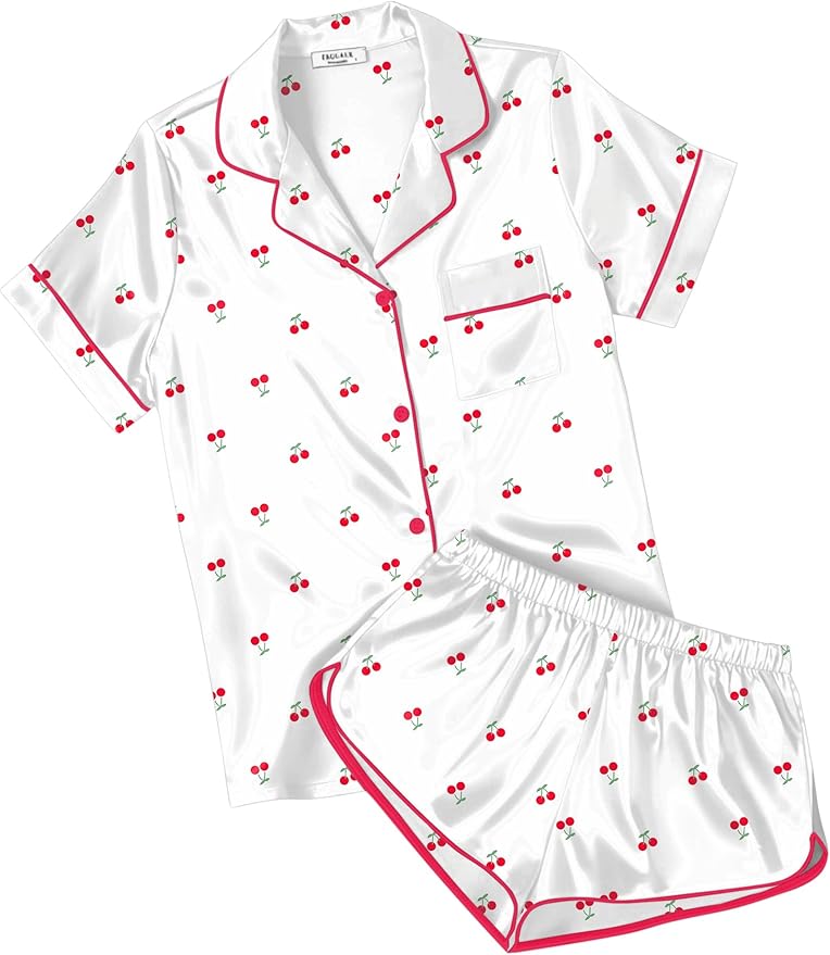 Ekouaer Womens Silk Satin Pajamas Short Sleeve PJS Shorts Set Soft Button Down Sleepwear 2 Piece Loungewear S-5XL