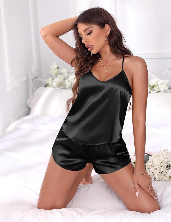 EKOUAER Silky Pajama Set for Women V-Neck Satin Camisole Lingerie Sets Party Loungewear Sleepwear