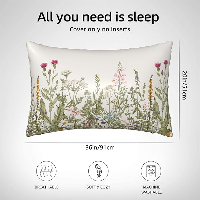 Silk Like Pillowcase for Hair and Skin Herbs and Wildflowers 1 Pack Satin Pillowcase with Hidden Zipper Soft Breathable Smooth Cooling Pillow Cover King Size for Bedroom Sofa 20”x36”