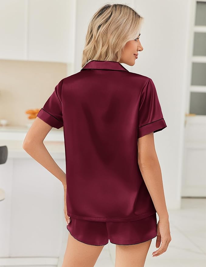 Ekouaer Womens Silk Satin Pajama Sets 2 Piece Button Down Silk Pjs Shorts Sets Cute Print Short Sleeve Sleepwear S-4XL