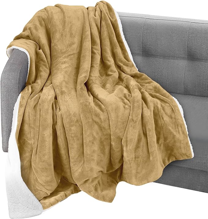 Elegant Comfort Throw Blanket, Reversible Sherpa Flannel, Ultra-Soft, Fuzzy, Cozy and Plush- All Season Lightweight Decorative Throw, 50 x 60 inches, Solid Sherpa Throw, Gold