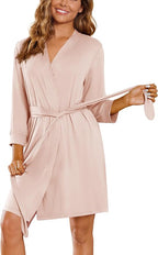 Ekouaer Women‘s Robes Lightweight 3/4 Sleeve Short Knit Bathrobe Soft Knee Length Sleepwear Robes with Pockets S-XXL