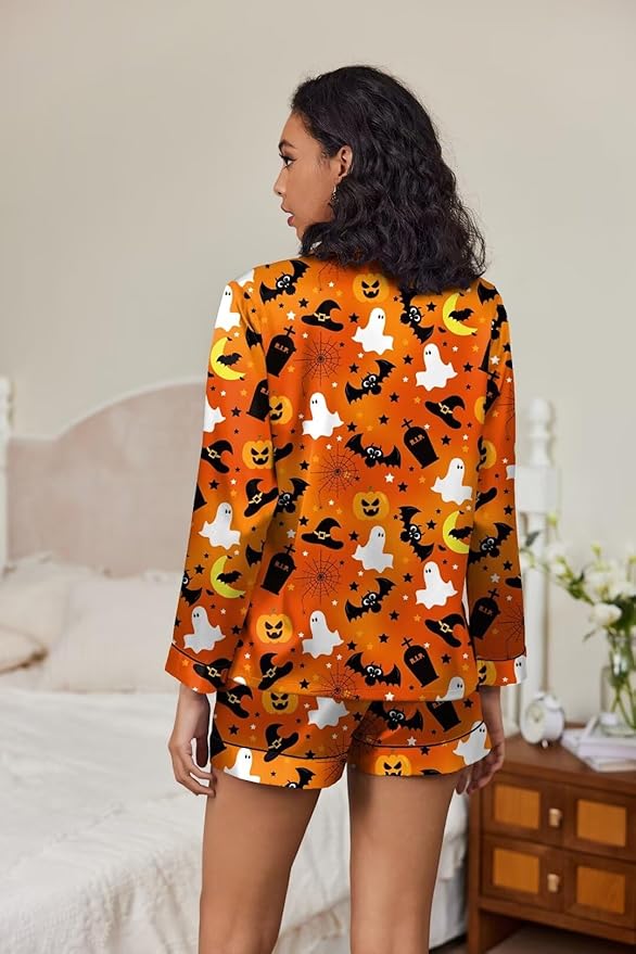 Ekouaer Satin Pajama Set for Women Button Down Pj Set Long Sleeve Top and Shorts 2 Piece Loungewear Summer Soft Sleepwear