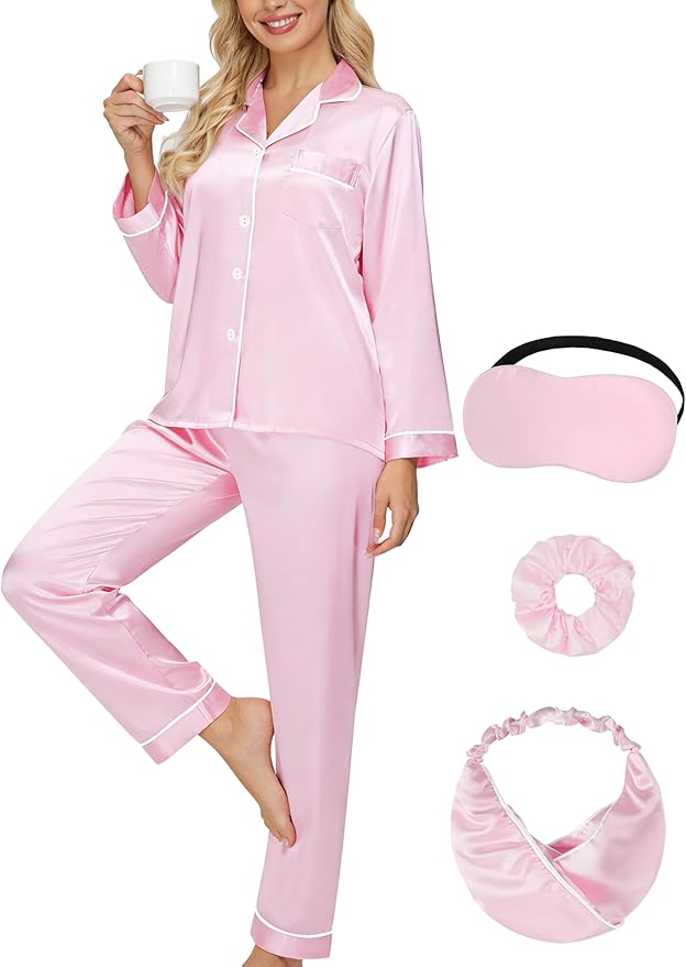 DOLOS Silk Satin Pajama Set for Women Short/Long Sleeve 2-Piece Silky Pajamas for Women Button Down Pjs Sleepwear Loungewear