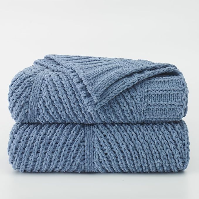 Amélie Home Knit Throw Blanket, Soft Chenille Cozy Breathable Chevron Chunky Decorative Blanket for Couch, Bed & Sofa, French-Inspired Lightweight Warm Gift for Women, Washed Blue, 50"x60"
