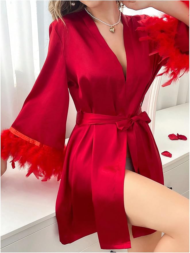 GORGLITTER Women's Satin Kimono Robe Feather Silk Robes Bridal Party Bridesmaid Robes