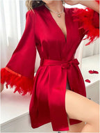 GORGLITTER Women's Satin Kimono Robe Feather Silk Robes Bridal Party Bridesmaid Robes