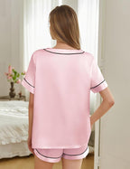 Silk Pajamas for Women Short Sleeve Satin 2 Piece Pj Set Soft V Neck Sleepwear Loungewear, S-XXL