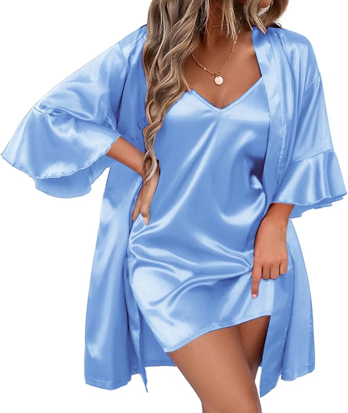 Ekouaer Women's Silk Robe Set V-neck 2 Piece Bridal Party Robes and Satin Bathrobe Set with Pockets