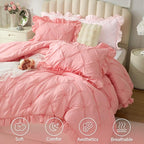 BEDELITE Pink Comforter Set Queen - 3 Pieces Boho Ruffle Pintuck Bedding Comforter Sets, Lightweight Soft & Warm Bed Comforter with 2 Pillowcases for Spring,Valentines Day Gift