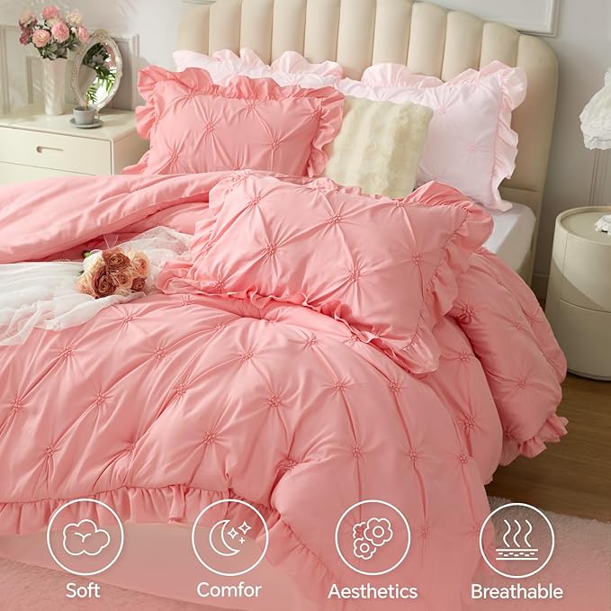 BEDELITE Pink Twin Comforter Set - 2 Peices Boho Ruffle Pintuck Bedding Comforter Sets, Lightweight Soft & Warm Twin Bedding Sets with 1 Pillowcase for All Season