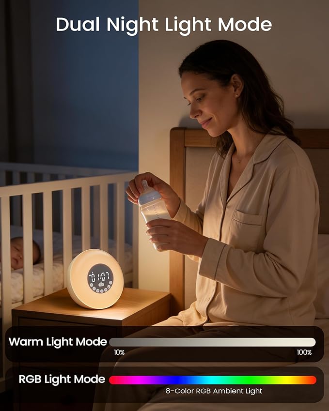 Glocusent Sunrise Alarm Clock for Kids & Heavy Sleepers, Wake Up Light with 14 White Noise Sounds, Dual Alarm Clock, Bluetooth Speaker, Bedside Night Light for Bedroom.