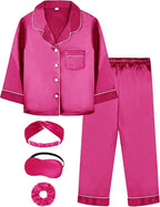 EPLAZA Kids Satin Pajamas Sets Girls Boys Button-Down Silky Pajamas Sleepwear with Hairband Eye Mask Hair Tie