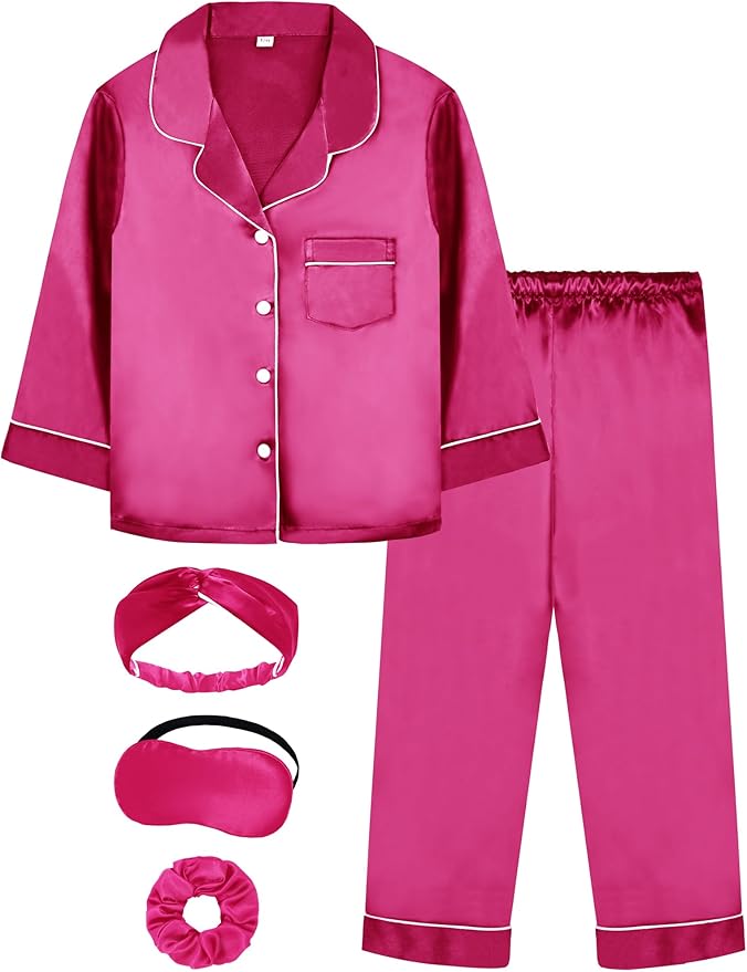 EPLAZA Kids Satin Pajamas Sets Girls Boys Button-Down Silky Pajamas Sleepwear with Hairband Eye Mask Hair Tie