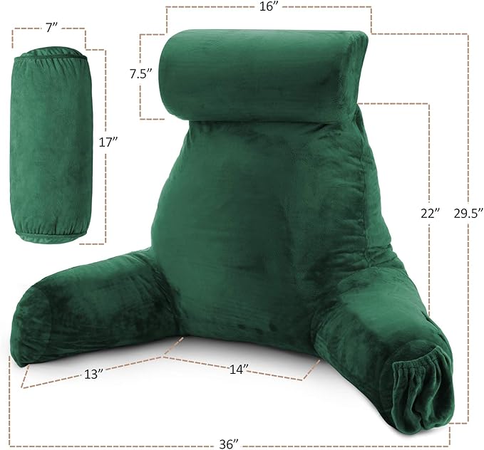 Clara Clark Reading Pillow with Shredded Memory Foam Includes 2 Neck and Lumber Support Pillows, Designed for Sitting Up in Bed and Couch Back and Arms Adjustable Support for Adults & Teens Dark Green