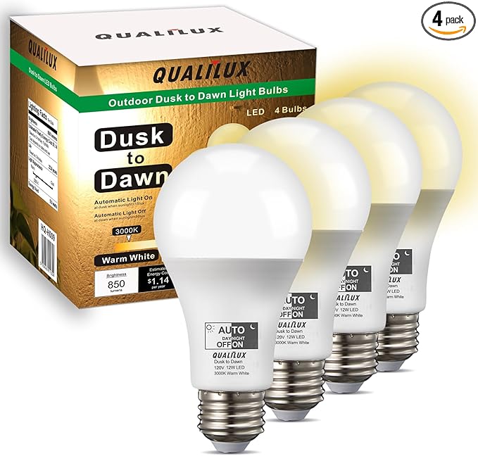 Qualilux Dusk to Dawn LED Light Bulbs Outdoor, Automatic On/Off, 60W Equivalent, Warm White 3000K, Energy Efficient 9.5W, 850 Lumen, A19, E26 Base, 4-Pack, HQ-H009