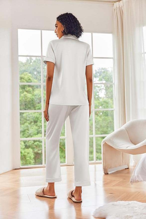 Ekouaer Silk Satin Pajamas Set Women Short Sleeve Sleepwear Soft Button Down Loungewear Pjs Set