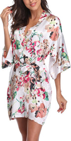 Women's Floral Satin Robes Bride Bridesmaid Getting Ready Robe Short Silky Kimono Sleepwear for Wedding Party