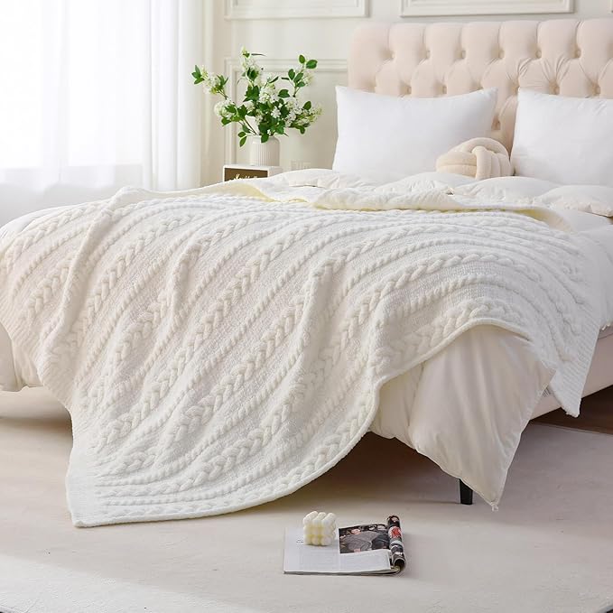 Cable Knit Throw Blanket 50x60 Inches - Chunky Knit Chenille Blanket for Couch, Bed | Warm & Cozy Winter Blanket for Living Room, Farmhouse Home Decor | Off White