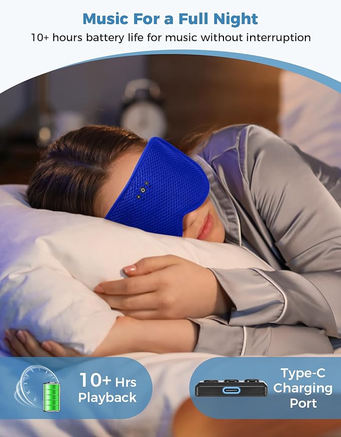 Sleep Mask with Bluetooth Headphones, Removable 3D Contoured Cup, Wireless Eye Mask for Sleep, Sleeping Headphones with Thin Stereo Speakers for Men, Women, Travel, Relaxation - Blue