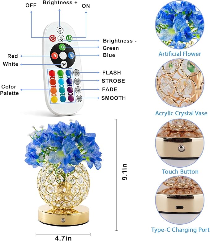 VEEKI Hydrangea Flower Lamp with Remote, Rechargeable 16 Colors Changing Artificial Flower Table Lamp with 4 Modes, Dimmable Touch Cordless Lamp for Bedroom Room Home Decor, Gift for Mom Women (Blue)