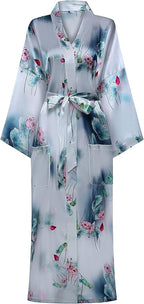 Valennia Women Long Silky Bathrobe Satin Kimono Robe Floral Printed Dressing Gown Sleepwear