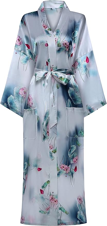Valennia Women Long Silky Bathrobe Satin Kimono Robe Floral Printed Dressing Gown Sleepwear