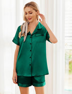 Ekouaer Womens Silk Satin Pajama Sets Soft Short Sleeve Button Down Sleepwear Top and Shorts 2 Piece Pjs Lounge Set