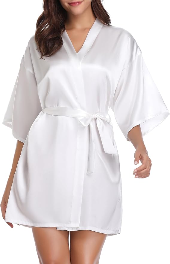 Vlazom Womens Kimono Robes Dressing Gown Satin Bathrobe Nightdress Short Style Bridal Robe