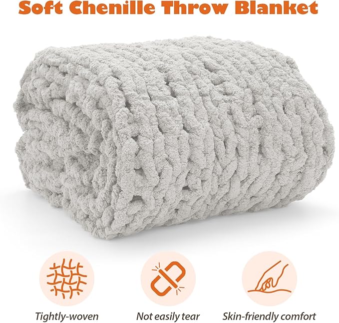 Chunky Knit Blanket Throw, 60x80inch Soft Chenille Yarn Throw, Handmade Warm Thick Cable Knit Crochet Blanket, Large Rope Knot Throw Blanket for Couch Bed Sofa,Light Grey