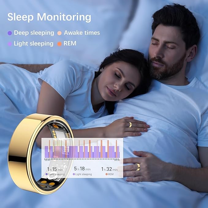 Ring Health Tracker for Women Men, Fit Ring with Heart Rate, Blood Oxygen, Sleep Monitor, Calories, Step Counter, IP68 Waterproof Smart Ring for iPhone & Android, No Subscription Fee (Gold, 7#)