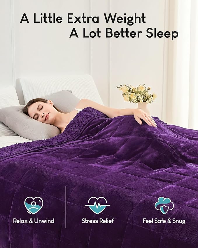 Cottonblue Weighted Blanket 15 lbs for Adults, Flannel Shaggy Sherpa Weighted Blanket for Queen Bed Comfort Weighted Blankets for Calming and Relax, Bed Sofa Heavy Blankets, 48x72 inches, Purple