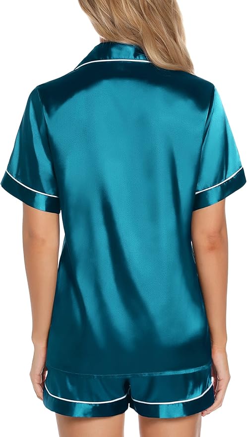 Samring Women's Silk Satin Pajamas Set Short Sleeve Sleepwear Two Piece Button Down Pj Set with Pockets S-XXL