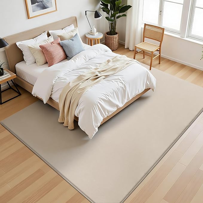 SHACOS Silky Soft Faux Rabbit Fur Area Rug 6'x9' Non Slip Washable Padded Medium Thick Rugs Fluffy Cozy Indoor Modern Carpet for Living Room Bedroom Dining Room Kids Room Dorm Home Decor, Beige