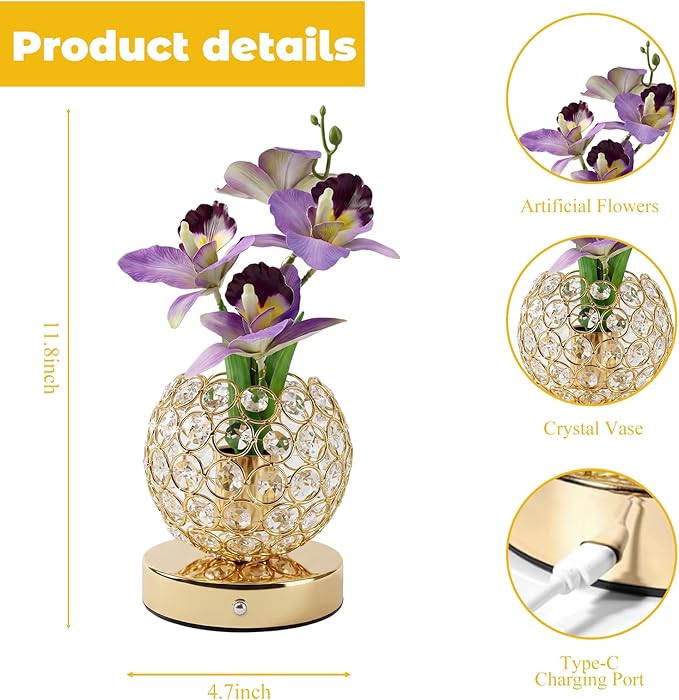 Flower Table Lamp, Orchid Flower with Crystal Vase Lamp, Cordless Touch Desk Light, 3 Colors Dimming & Rechargeable, Small Night Light for Bedroom Home, Romantic Gifts for Girl Women (Purple)